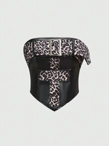 ROMWE J-Fashion 2 piezas Outfit estilo vaquero Mujer Y2K callejero con top tubo y falda mini con parches de leopardo y cruz