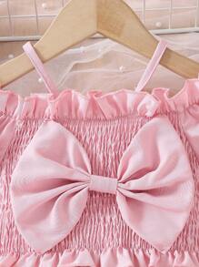 2pcs/Set Baby Girls Spaghetti Strap Princess Ruffle Sleeve Top And Elastic Waist Floral Printed Shorts Set, Comfortable & Stylish Fashion For Spring, Summer, Autumn, Suitable For Casual & Outdoor