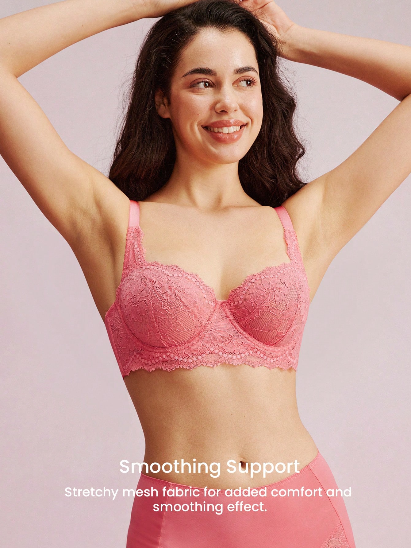 Lingerie femme de salon, balconnet push-up et soutien-gorge minimiseur sexy en dentelle rose et mesh, élégant et respirant. Sous-vêtements de mariée