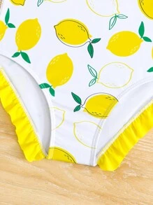 Young Girls Lemon Print One-Piece Swimsuit,Ruffle Trim Soft Knitted Swimwear With Bow Accent For Summer Beach Holiday And Family Vacation - Yellow - View 4