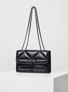 1 件简约时尚黑色方形包锁扣翻盖开口金属链条单肩包适合女性日常休闲使用 - 黑色 - 查看 3