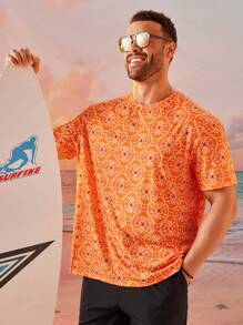 EASEVO Plus Size Men Casual Printed Short Sleeve Crew Neck Knit T-Shirt - Orange - View 1