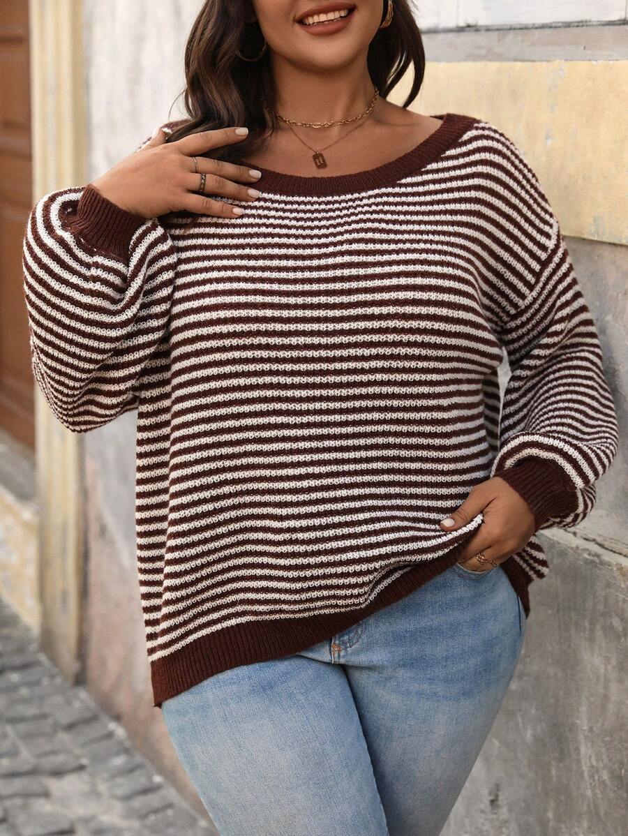 SHEIN LUNE 大码女式露肩横条纹单肩套头衫商务休闲女士、度假装、乡村上衣