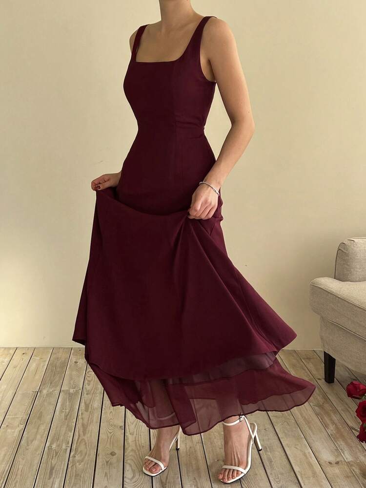 Women's Red Burgundy Square Neck Layered Elegant Midi Dress Elegant Sundress Christmas