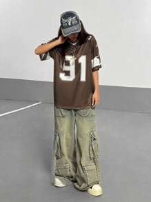 Flirla Women's Numeric Print Short Sleeve Mesh Colorblock Loose Fit Sports T-Shirt, Spring/Summer Graphic Tees Women Tops.Summer Outfits For Women