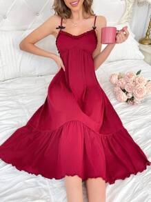 女士荷叶边无袖睡裙 - 酒紅色 - 查看 1