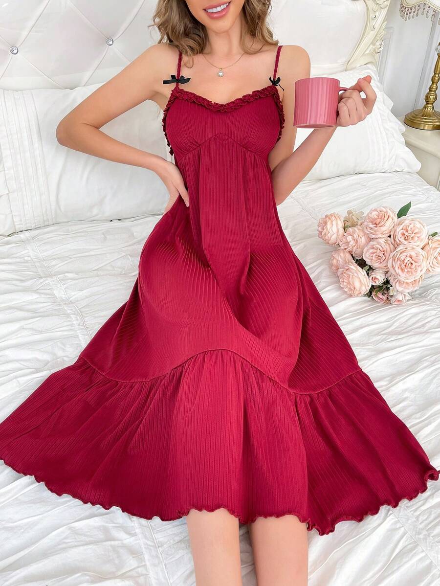 女士荷叶边无袖睡裙 - 酒紅色 - 查看 1