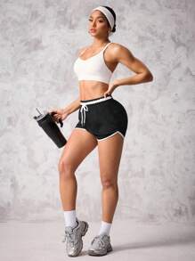 Easithlete Lässig Sport Shorts mit Schlitz und Kordelzug Taille für Damen, Schweißtreibenden Shorts, Fitnessstudio Shorts, Bike Shorts - Schwarz und Weiss - Übersicht 5
