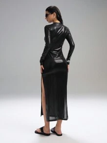 SHEIN EZwear Vestido de unicolor con abertura lateral para mujer - Negro - Ver 2