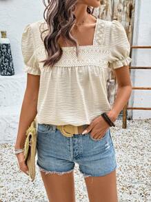 Breezaya Áo sơ mi babydoll cổ bèo nhún màu trơn cho nữ, trang phục thường ngày và ngày lễ, tay ngắn - Màu be - Xem 6