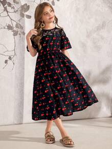 SHEIN Tween Girl Cherry Print Lace Splice Dress - Black - View 2