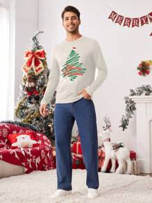 Manfinity VCAY 男士圣诞树印花修身标准领长袖休闲T恤，适合秋季、圣诞节、家庭/情侣套装 - 灰色 - 查看 3