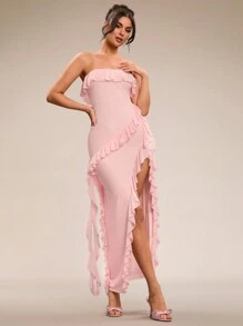 SHEIN BAE Summer Beach Vacation Solid Pink Sexy Backless Lotus Leaf Dress Tube Top Super Long Wedding Dress Bridesmaid Dress Dating Dress Party Dress School Season Dress Holiday Dress Birthday Dress Night Out Dress Summer Outfits For Women/Spring Clothes/Valentine's Day Outfit/Carnival/Beach Vacation Outfits