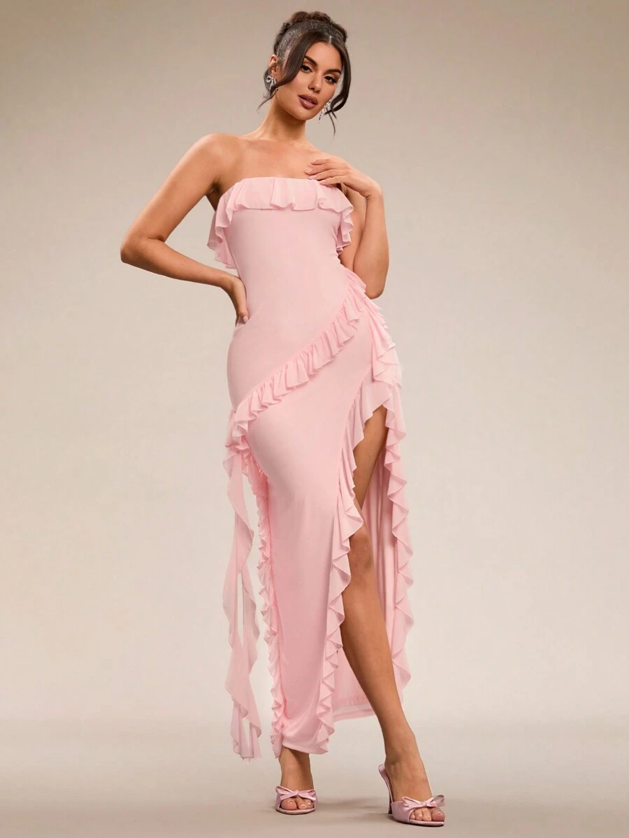 SHEIN BAE Summer Beach Vacation Solid Pink Sexy Backless Lotus Leaf Dress Tube Top Super Long Wedding Dress Bridesmaid Dress Dating Dress Party Dress School Season Dress Holiday Dress Birthday Dress Night Out Dress Summer Outfits For Women/Spring Clothes/Valentine's Day Outfit/Carnival/Beach Vacation Outfits