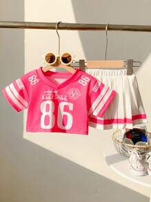 2pcs/Set Baby Girl Infant Toddler (0-3 Years) Fashion Sports V-Neck Fuchsia Short Sleeve Jersey T-Shirt And Pleated Skirt Outfit Girls Outfit Sets