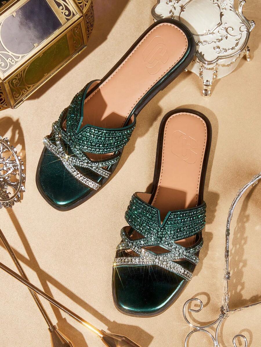 CUCCOO TILAWA 金色渐变水钻装饰休闲派对拖鞋、凉鞋春季鞋春假复活节 - 墨綠色 - 查看 1