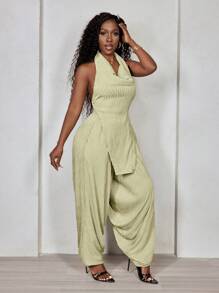 BamGleam 日常休闲度假女装洋气复古质感女装套装性感露背挂脖摆领不对称下摆上衣+宽松休闲哈伦裤女两件套 - 淺灰色 - 查看 5