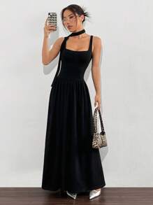 SHEIN EZwear Damen einfarbiges Maxikleid mit Ärmellos, Schlicht und Lässig, mit Halsbandschleife - Schwarz - Übersicht 1