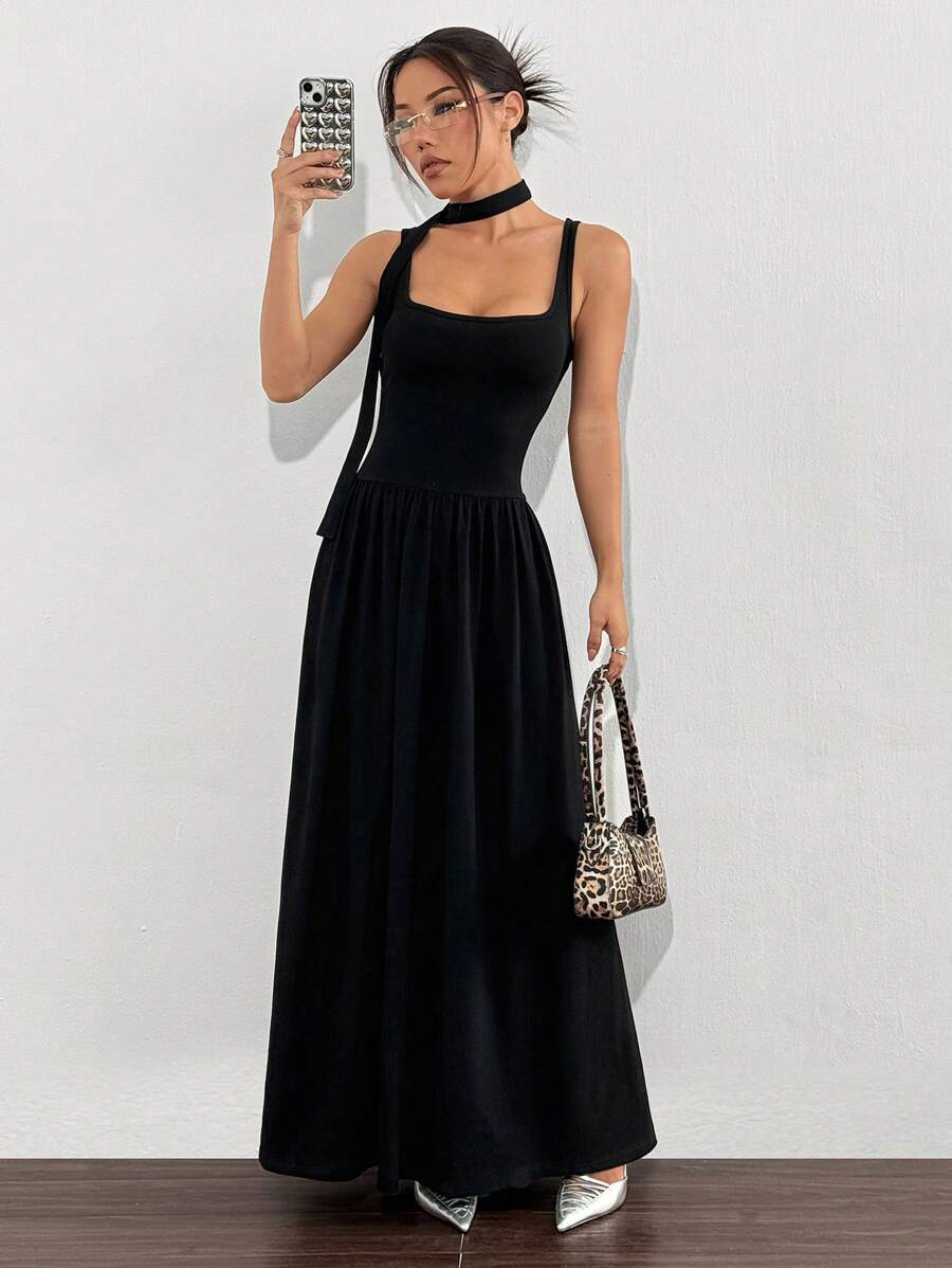 SHEIN EZwear Damen einfarbiges Maxikleid mit Ärmellos, Schlicht und Lässig, mit Halsbandschleife - Schwarz - Übersicht 1