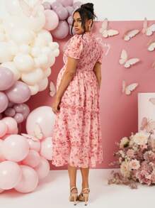 Loomaby Maternity Elegant Ditsy Floral Puff Sleeve Party Dress, Gender Reveal Dress - Pink - View 2