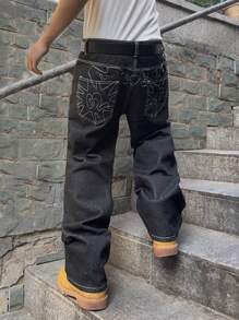 GALLERY FADE Men's Geometric Pattern Pocket Straight Leg Casual Jeans Going Out Hang Out Commute Vacation Street, Grunge - Black - View 5