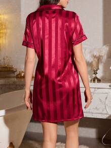 LuxeNights Women's Shirt Dress With Pocket, Letter Embroidery, Stripe Jacquard, And Turndown Collar Luxe Loungewear, Moo Moo Night Dress - Burgundy - View 2