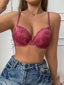 1 pieza Sujetador con aros y relleno con diseño de encaje de moda para lencería de mujer