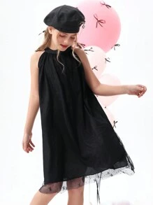 SHEIN Explorewe Tween Girls Butterfly Pattern Bow Lace A-Line Dress - Black - View 5