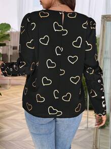 Calvaya Camisa de botones de manga larga con estampado de corazones para tallas grandes - Negro - Ver 2