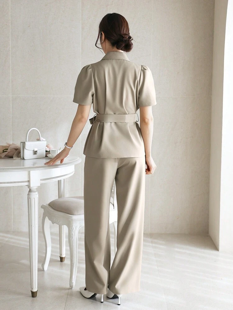 Solid Color Waist Belt 2 Pieces Suit, Blazer And Wide-Leg Pants Set For Women Lounge Sets For Women