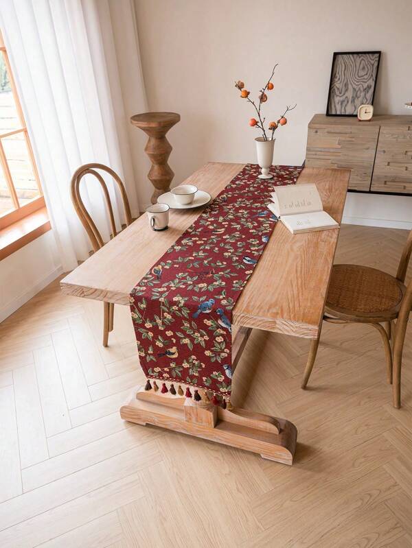 Camino de mesa rectangular con estampado de jacquard con dos oropéndolas rojo dátil y marrón, decoración de mesa para uso diario, fiestas, reuniones y como cubierta para la mesa de té en el vestíbulo