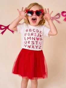 SHEIN 2件套少女情人节/开学100天纪念图案T恤和网纱泡泡裙，2025夏季时尚，可爱甜美 - 紅色 - 查看 1