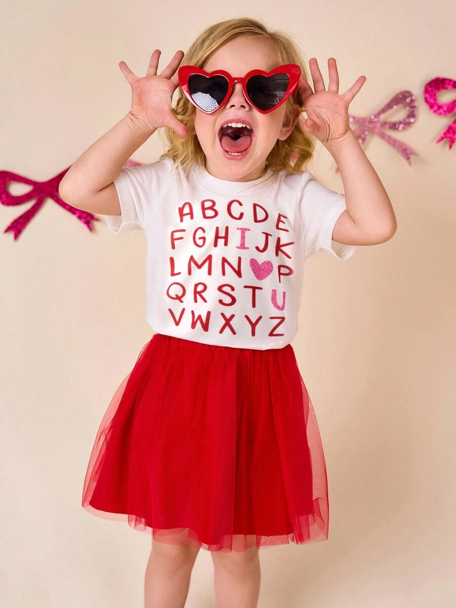 SHEIN 2件套少女情人节/开学100天纪念图案T恤和网纱泡泡裙，2025夏季时尚，可爱甜美 - 紅色 - 查看 1