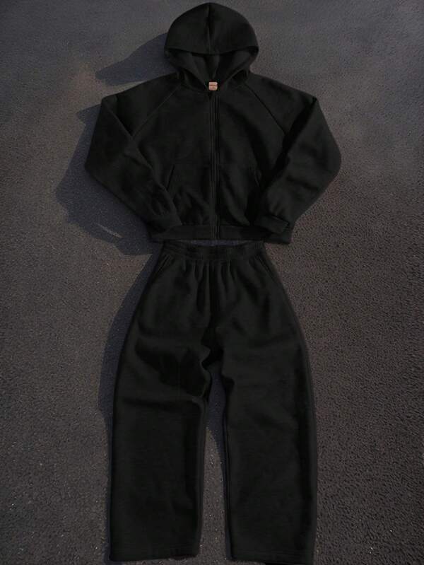 Forever 21 Men's Oversized Boxy Zip-Up Hoodies & Sweatpants Two-Piece Set