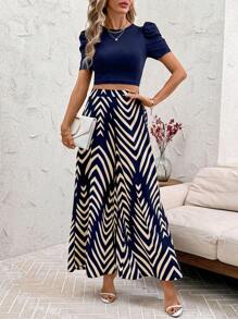 SHEIN Clasi Clasi Women Crew Neck Ribbed Crop Top & Wide Leg Pants Suit, Abstract Print, Spring Summer Casual Vacation Elegant 2pcs Set