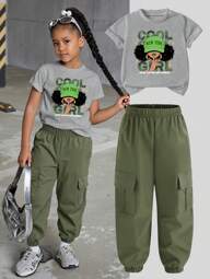 Young Girl Minimalist Fashion Casual Daily Drawstring Short Sleeve Jumpsuit Set, School, Campus, College