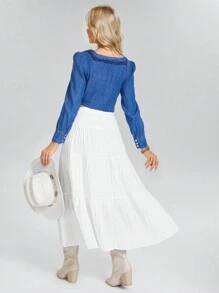 SHEIN LUNE Sun Skirt Boho Western Wear Women Women's Solid High Waist Tie-Up Textured Ruffle Trim Long Skirt