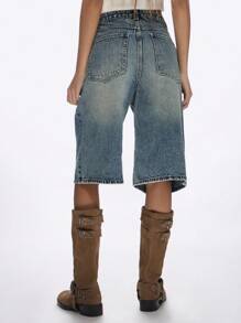 MISSGUIDED Relaxed Fit Denim Culotte Shorts High Rise Wide Leg Casual Summer Bermuda Jorts With Raw Hem Street Style Fashion Bottoms - Blue - View 2
