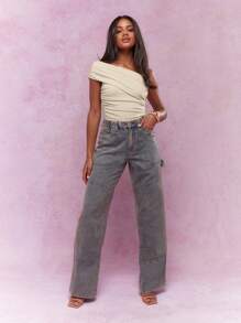 MISSGUIDED Body asimétrico elegante con hombros descubiertos, con pliegues, para fiestas de noche, uso en clubes, con estiramiento y ajuste ceñido, top para baile y ocasiones especiales