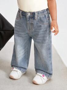 SHEIN Baby Girls' Vintage Blue Denim Wide-Leg Pants