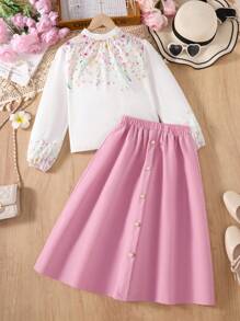 SHEIN 2pcs/Set Tween Girl Print Long Sleeve Shirt And Pink Skirt Outfit, Spring/Autumn - Multicolor - View 5