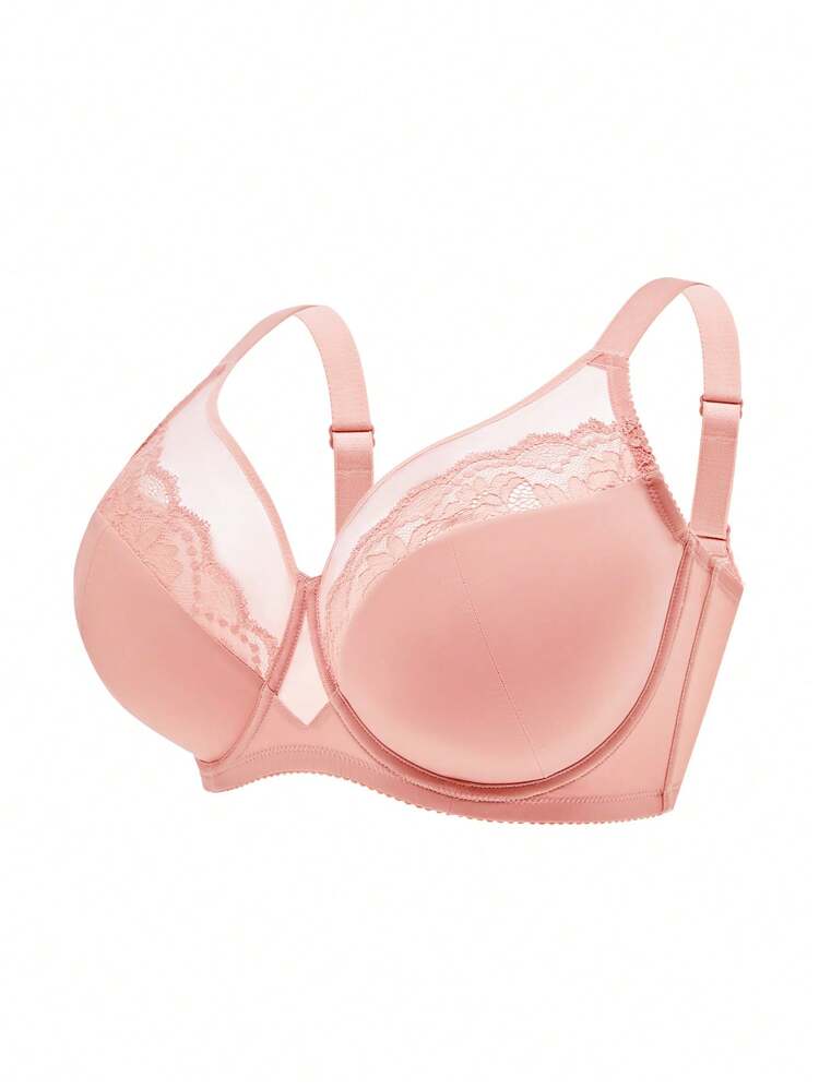 Damen Große Größen Lingerie Lounge Kurve transparente Volldeckung mit Unterstützung & atmungsaktiv Unterbügel-BH, sexy ungepolsterter rosa Spitze Eleganz & Mesh Minimizer BH Braut Wäsche