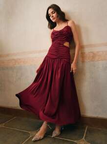 Anewsta Elegant Wine Red Woven Pleated Slip Dress For Women, Summer, Valentine's Day