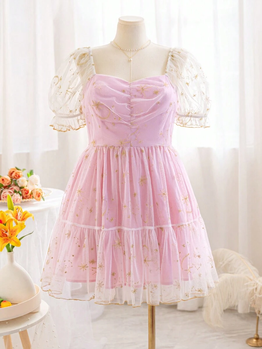 Soleia Váy ngắn chữ A thêu lưới màu trắng cỡ lớn cho kỳ nghỉ mùa xuân dành cho nữ, tay bồng, thắt nơ, lót tương phản, họa tiết lá kim - Nhiều màu - Xem 1