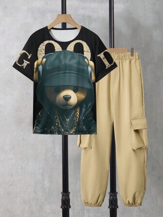 SHEIN 2 件套青少年男孩街头风格圆领 T 恤和工装裤，适合时尚男孩