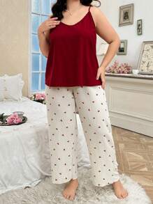 CottageSlumber Conjunto de camisola y bata de dormir de talla grande con bloque de color e impresión de cerezas, perfecto para vacaciones