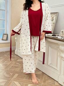CottageSlumber Conjunto de camisola y bata de dormir de talla grande con bloque de color e impresión de cerezas, perfecto para vacaciones