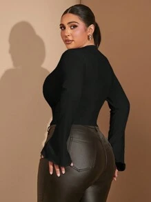 SHEIN BAE Blusa de manga larga con cuello en V y ribete de encaje en contraste para mujer talla grande, para exteriores, otoño/invierno