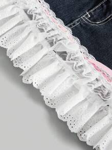 ROMWE Kawaii Y2K 风格可爱女孩蝴蝶结肩带交叉蕾丝拼布牛仔紧身铅笔裙 - 藍色 - 查看 3