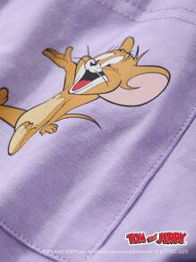 TOM AND JERRY X DAZY 杰瑞角色口袋印花休闲 T 恤和格纹图案宽松直筒睡裤 2 件家居服套装